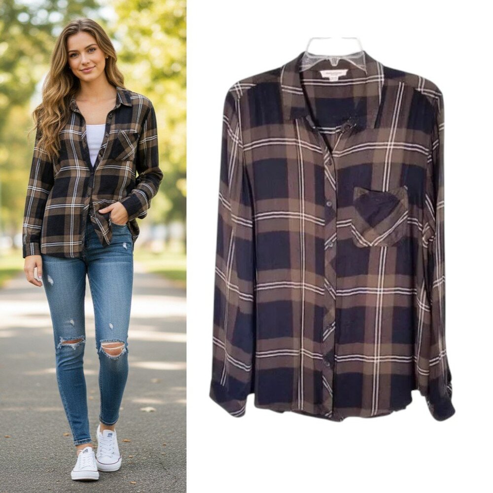 BeachLunchLounge Button Up Shirt Wmn's Sz XL Brown Check Long Sleeve